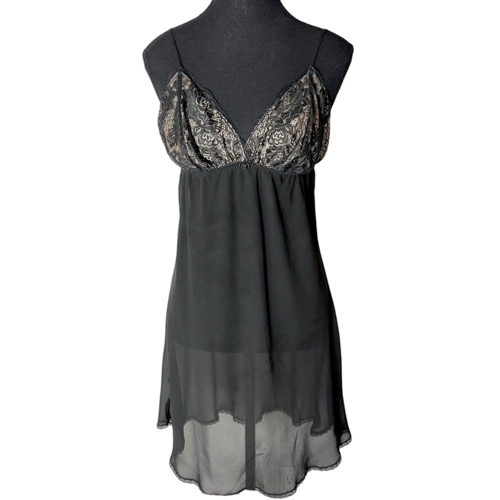 JONES NEW YORK Black Chiffon Lace Chemise Negligee Slip Dress Size Large